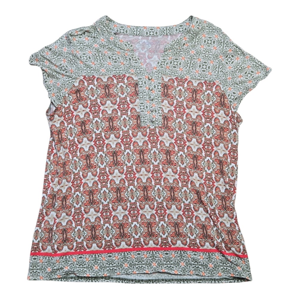 Laura Scott Womens Large Paisley Henley Top Coral Olive Green Short Sleeve Boho